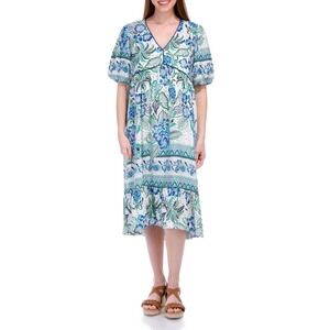 Fig + Flower Blue Green Floral Linen Blend Midi Dress V-Neck Puff Sleeve M